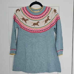Mini Boden Light Blue Fair Isle Horse Yoke Dress with Pink and Cream Accents